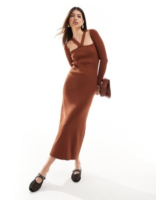 Scalpers - Strickkleid in Terracotta mit eckigem Ausschnitt-Braun