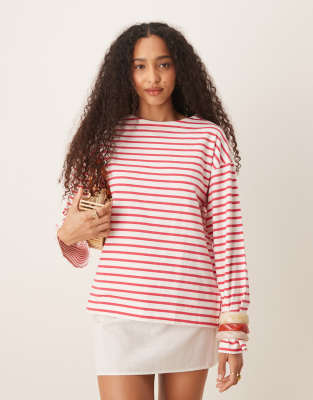 Stripes label long sleeve tee in coral stripes-pink