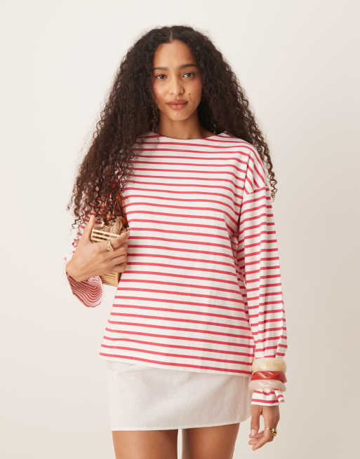 Scalpers Stripes label long sleeve tee in coral stripes