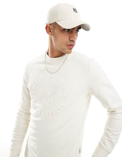Scalpers - Sweater met doodshoofd in reliëf in gebroken wit