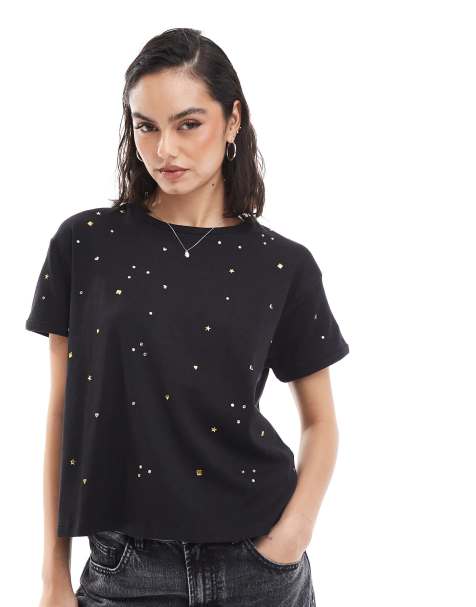 Scalpers - T-shirt à strass multicolores - Noir - view 1