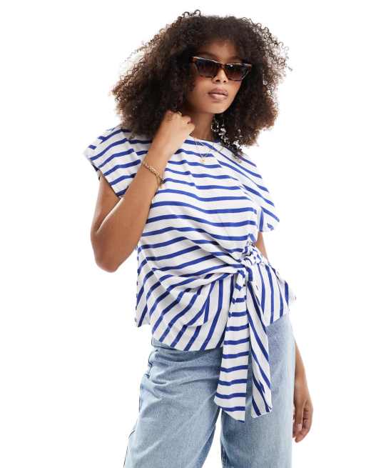 Scalpers - T-shirt blu a righe con fiocco