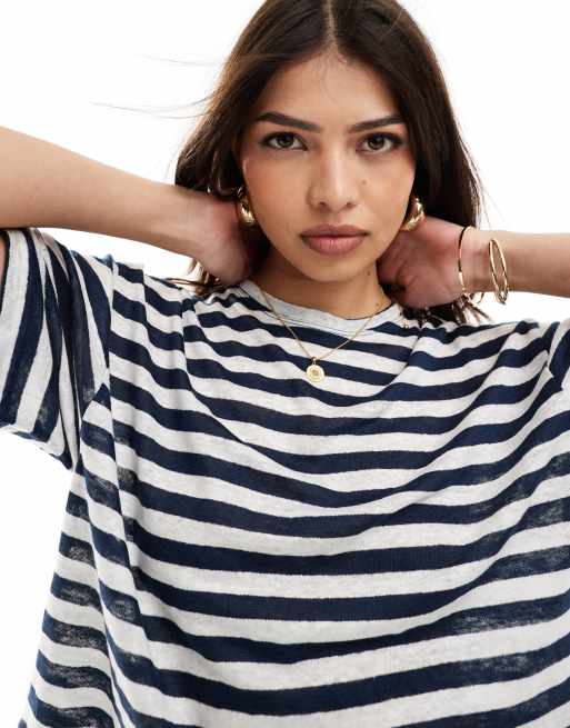 Scalpers - T-shirt blu navy a righe in lino