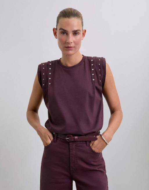 Scalpers - T-shirt bordeaux con pieghe e strass