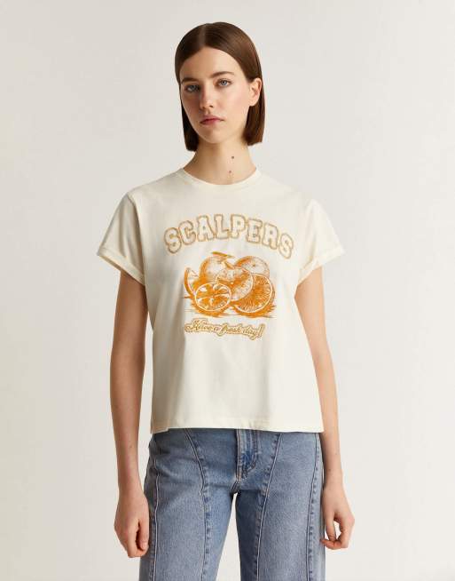 Scalpers - T-Shirt in lurex colore naturale con stampa con frutta