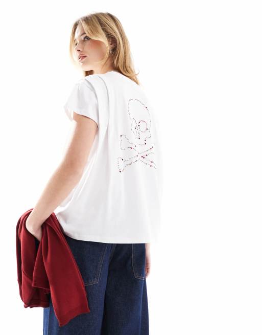 Scalpers – T-Shirt in Weiß mit Totenkopf-Motiv mit buntem Nietenbesatz