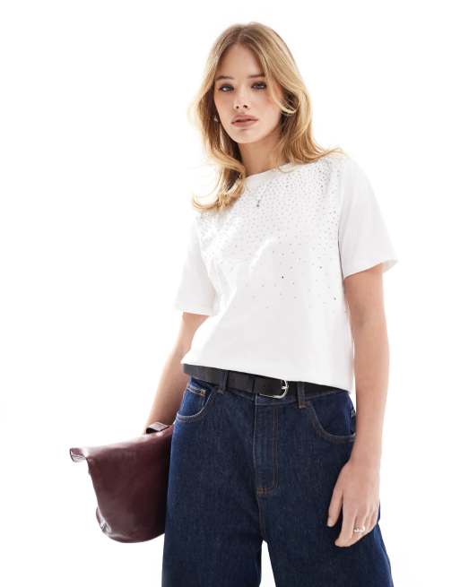 Scalpers - T-shirt met kraaltjes in wit
