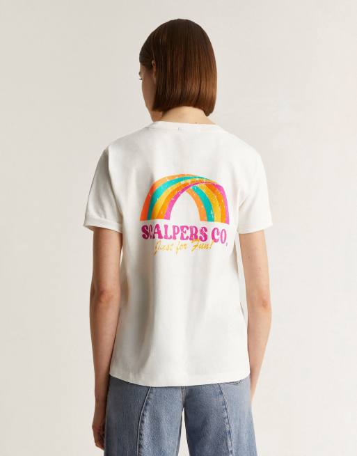 Scalpers - T-shirt met neonkleurige regenboog in gebroken wit