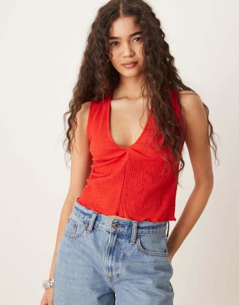 Scalpers - T-shirt van kreukelstof met geknoopte borst in rood - view 1