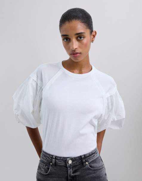 Scalpers - T-shirt van popeline met pofmouwen in wit - view 1