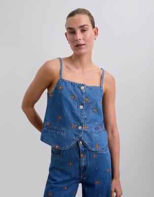 Scalpers - Trägertop in Indigoblau mit Blumenstickerei