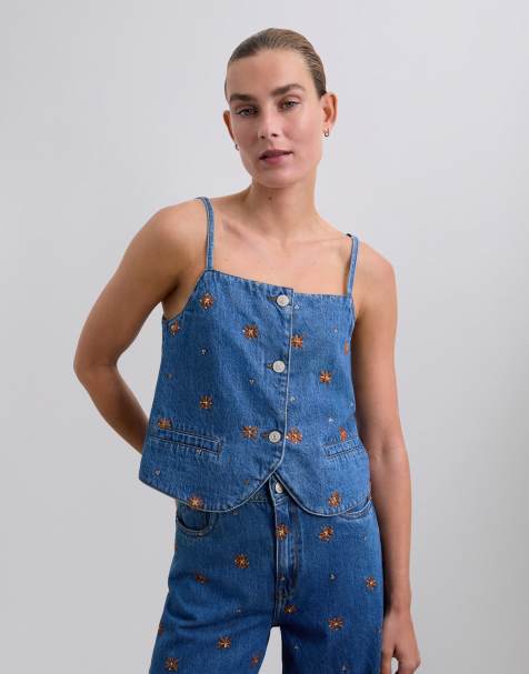 Scalpers – Trägertop in Indigoblau mit Blumenstickerei - view 1