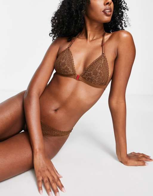 Scandale Éco-lingerie – Brązowa braletka z trójkątnymi miseczkami i koronkową wstawką na plecach
