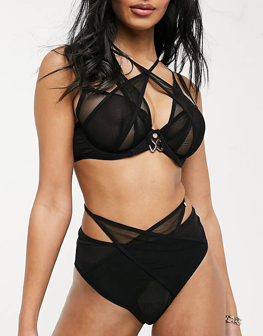 Scantilly by Curvy Kate Black Magic sheer mesh high waist knicker with strapping detail in black