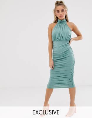 high neck ruched midi dress