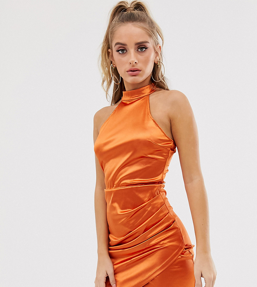 Scarlett Rocks - Hoogsluitende asymmetrische satijnen mini-jurk in roestbruin-Oranje