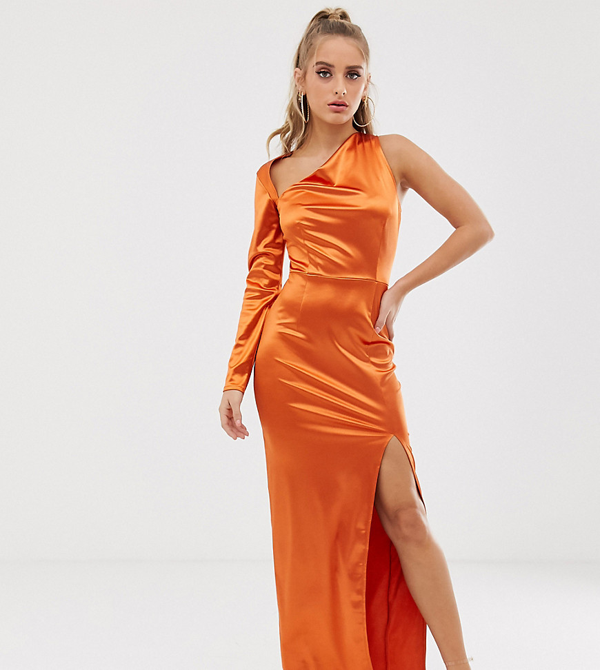 Scarlett Rocks - Lange jurk met een blote schouder, uitsnijding in de hals en dijsplit in roestbruin-Oranje