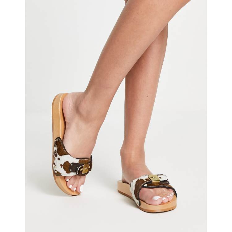 Scholl Iconic exclusive pescura flat sliders in cow print leather