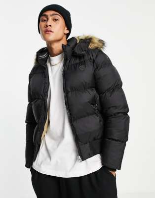 Schott 2108J detatchable faux fur trim hood puffer jacket slim fit in black - ASOS Price Checker