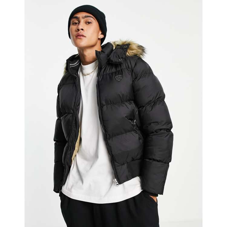 Schott 2108J detatchable faux fur trim hood puffer jacket slim fit