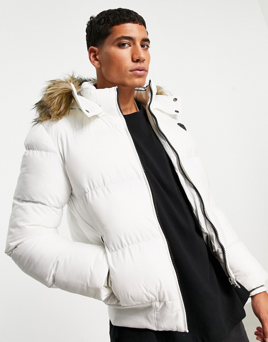schott 2108j detatchable faux fur trim hood puffer jacket slim fit in white