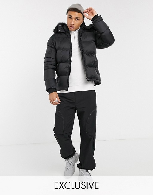 Schott 2190J slim fit puffer jacket with detachable faux fur hood in black Exclusive at ASOS