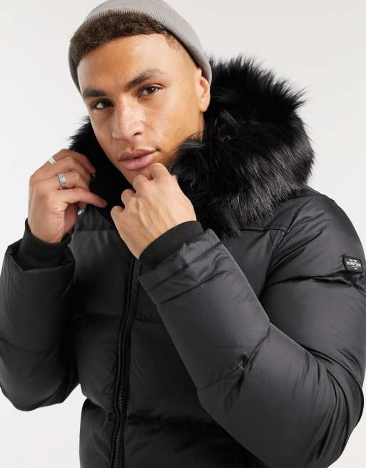 Schott black faux fur hood puffer jacket sale