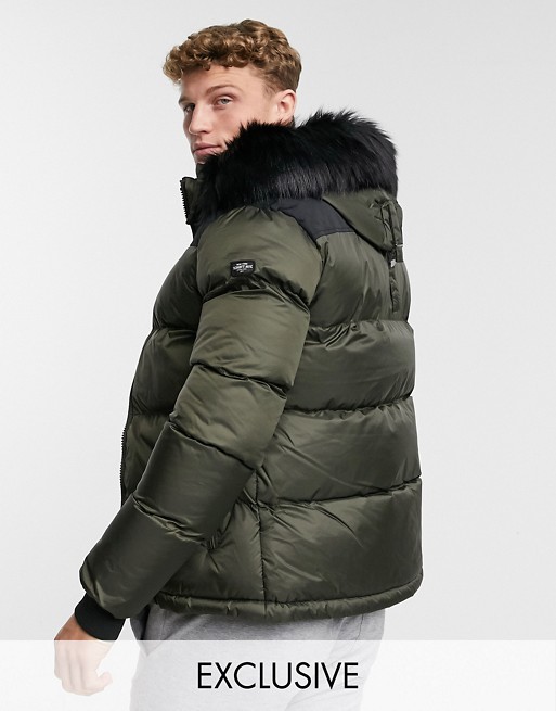 Schott 2190J slim fit puffer jacket with detachable faux fur hood in khaki Exclusive at ASOS