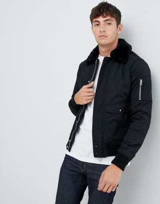 Schott Air bomber jacket with detachable faux fur collar in black | ASOS