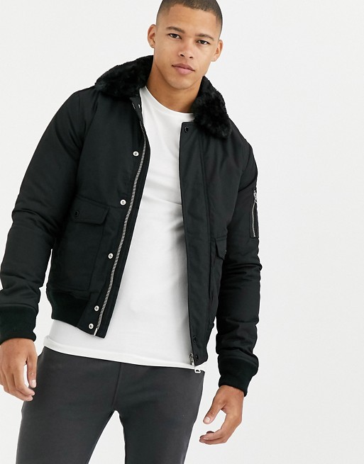 Schott Air insulated bomber jacket slim fit with detachable faux fur collar in black