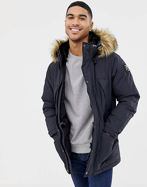 Schott Artica X hooded nylon parka jacket detachable faux fur trim slim fit  in navy | ASOS