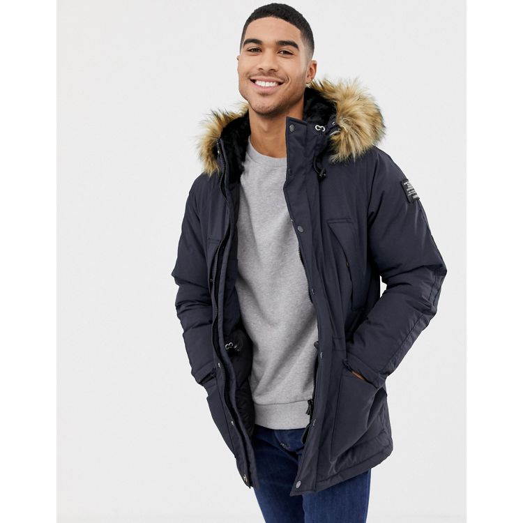 Schott Artica X hooded nylon parka jacket detachable faux fur trim slim fit  in navy