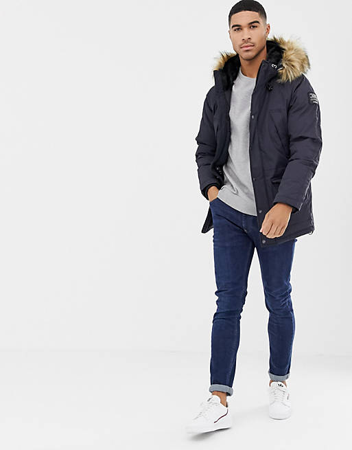 Schott Artica X hooded nylon parka jacket detachable faux fur trim slim fit  in navy | ASOS
