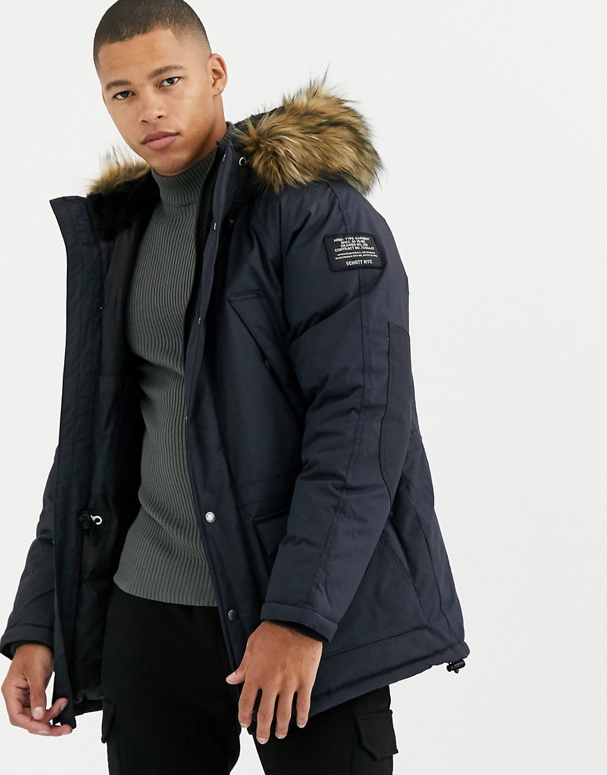 Schott - Artica X - Marineblå nylon parka jakke med hætte i smal pasform med aftagelig imiteret pelskant