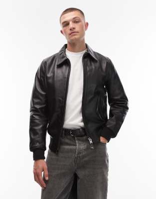 Schott - Bomber à col en cuir véritable de qualité supérieure - Noir