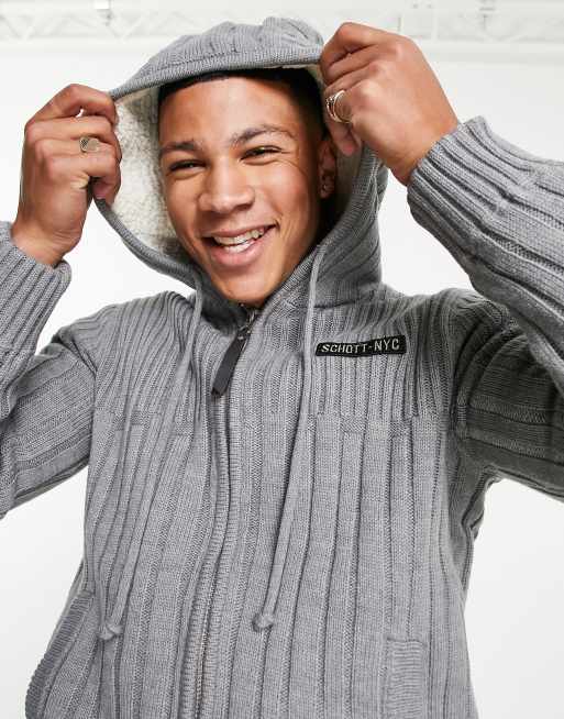 Schott Duncan sherpa lined zip through textured knit hoodie in grey