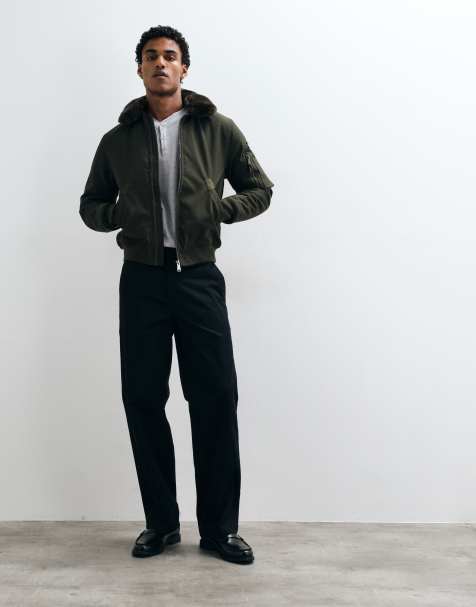 Schott faux fur collar padded bomber jacket in brown khaki - view 1
