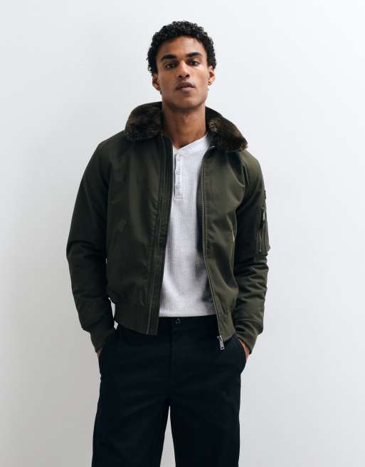 Schott faux fur collar padded bomber jacket in brown khaki, 2 of 5