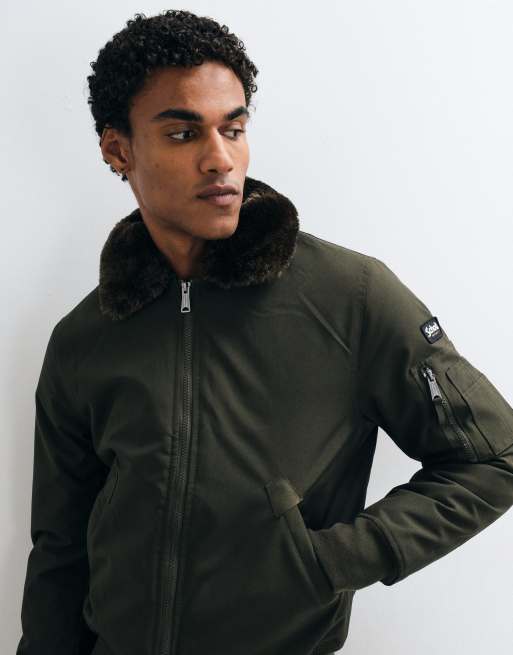 Schott faux fur collar padded bomber jacket in brown khaki, 3 of 5