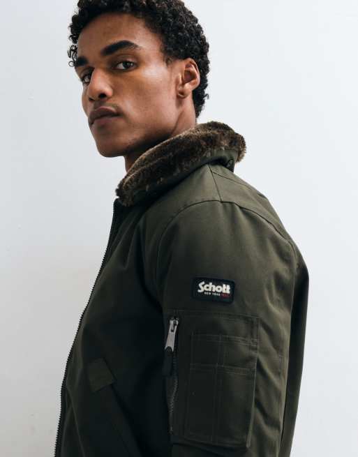 Schott faux fur collar padded bomber jacket in brown khaki, 4 of 5