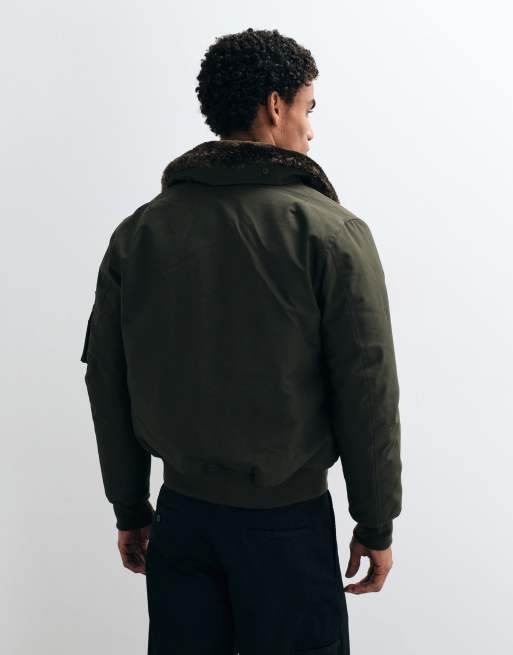 Schott faux fur collar padded bomber jacket in brown khaki, 5 of 5