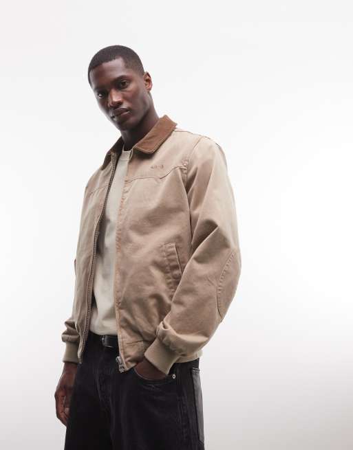 Schott - Giacca bomber in tela color tortora con colletto a contrasto