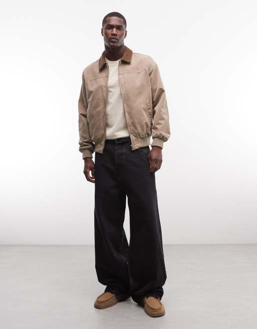 Schott - Giacca bomber in tela color tortora con colletto a contrasto, 2 di 5