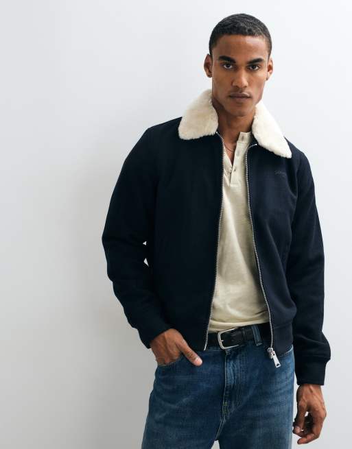 Schott giacca harrington in misto lana blu navy con toppa logo e dettaglio collo in pelliccia sintetica, 1 di 5