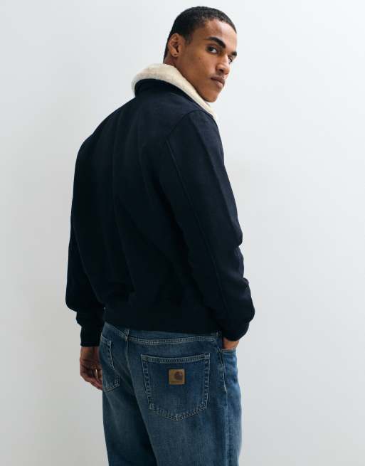 Schott Harrington-jakke i navy med logo-patch, detalje i imiteret pelskrave og uldblanding, 5 af 5