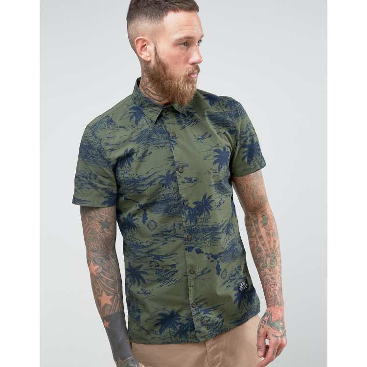 Schott Isla Military Hawaiian Shirt Short Sleeve in Green | ASOS