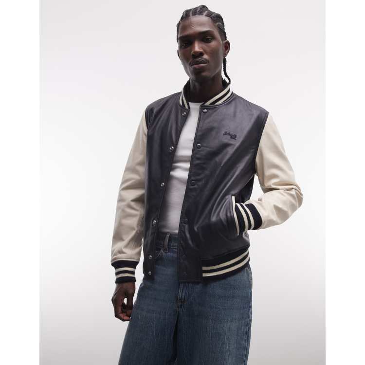 【む様】WM×Schott VARSITY JACKET NAVY Schott leather varsity jacket in navy and off white | ASOS