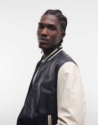 Schott leather varsity jacket in navy and off white | ASOS