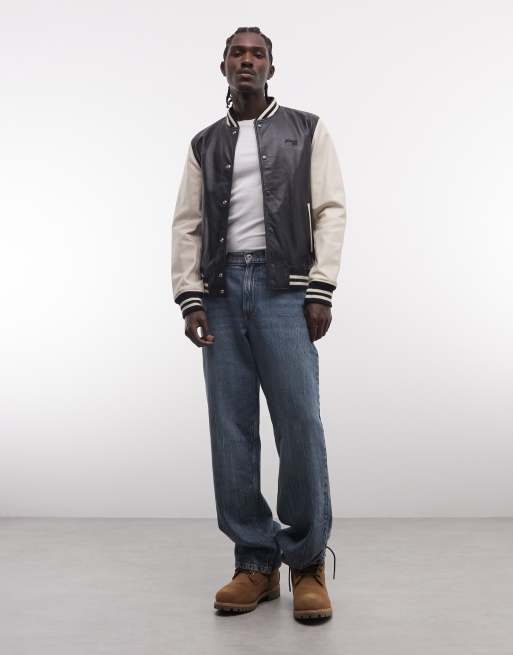 Schott leather varsity jacket in navy and off white | ASOS