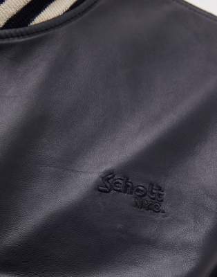 Schott leather varsity jacket in navy and off white | ASOS